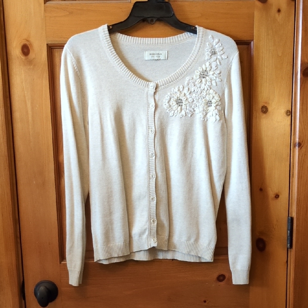 Elegant Cream Embroidered Cardigan Sweater, Large